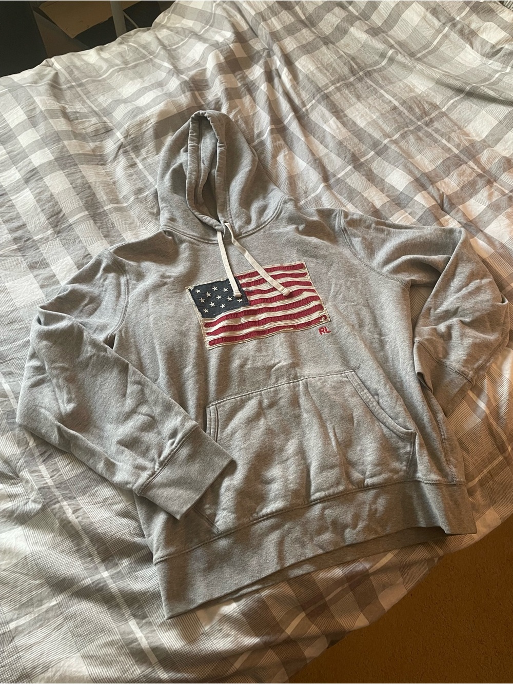 Gray Men's Polo Hoodie Sweatshirt with American Flag Graphic